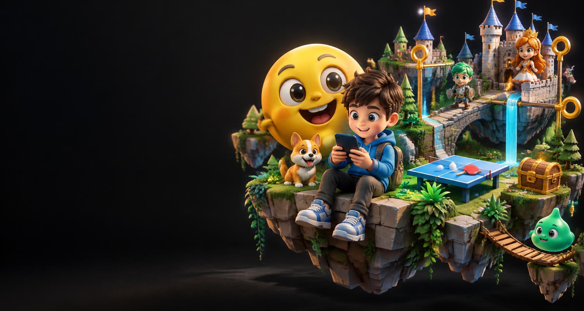 A playful Go Casual world with an emoji, a young player, a ping pong table, and a puzzle castle